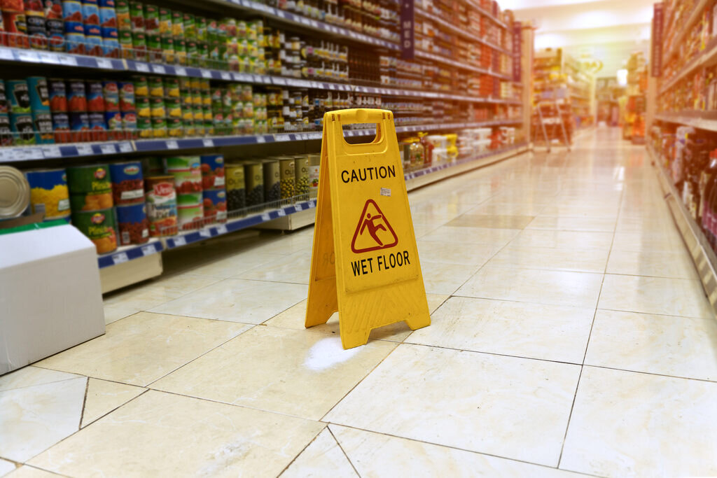 Wet floor sign at a supermarket