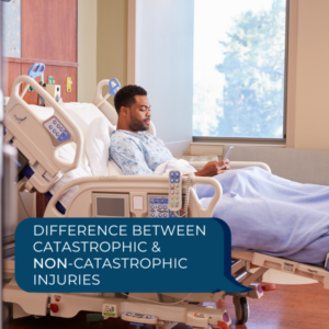 patient sitting up in hospital bed after a traumatic accident resulting in a catastrophic injury