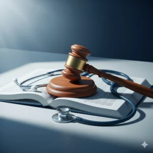 A judge's gavel and a stethoscope resting on an open law book, representing justice in a medical malpractice case.