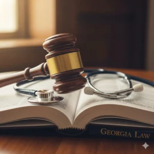 Gavel, stethoscope, and a law book titled "Georgia Law" on a wooden desk, symbolizing medical malpractice lawsuits and legal deadlines in Georgia.