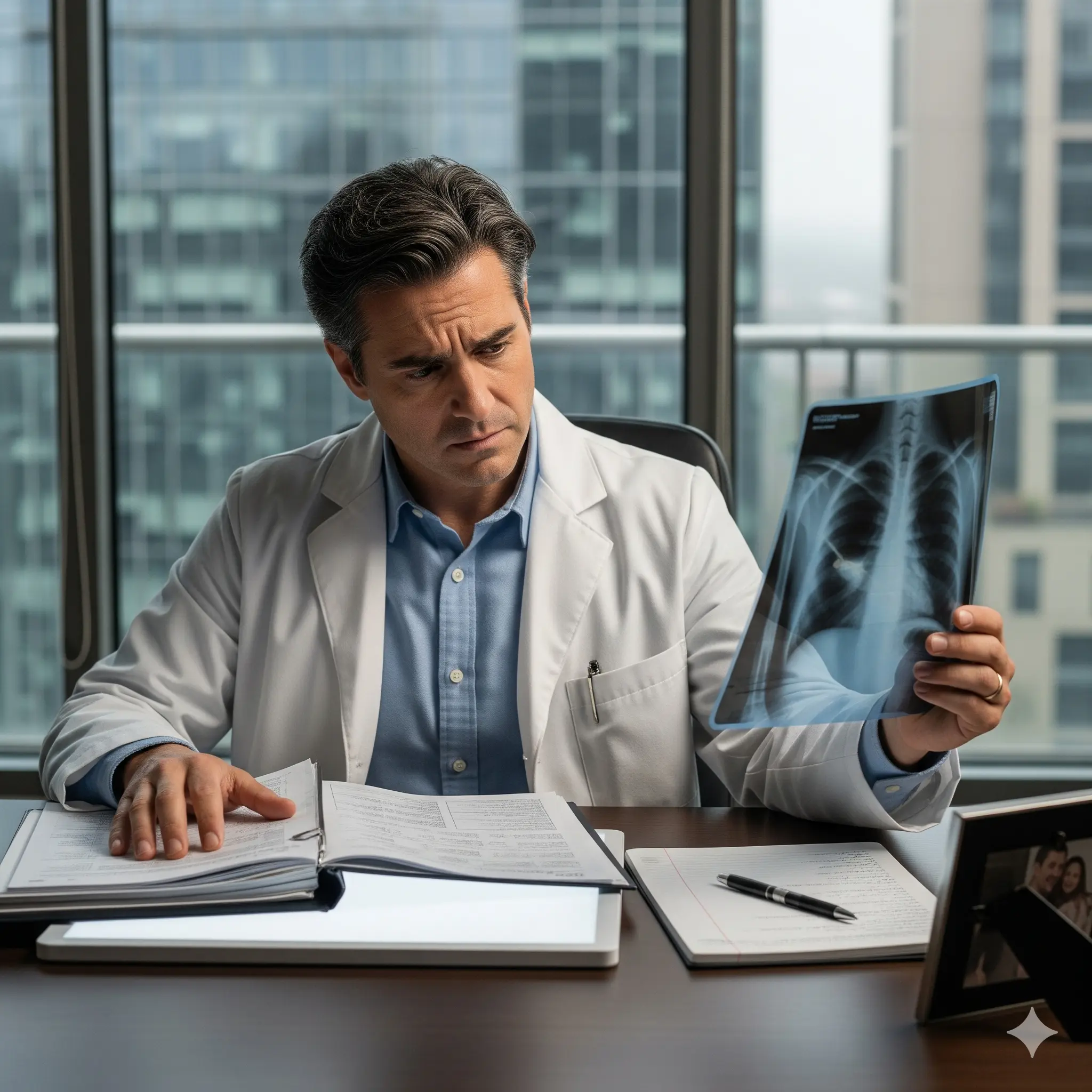 A male doctor in a white lab coat sitting at a desk in an office with a city view, intently examining an X-ray image. Documents and a pen are on the desk.