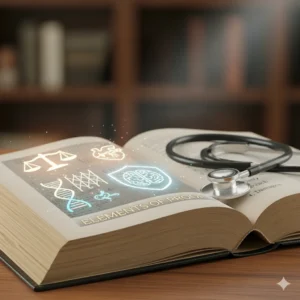 An open law book with glowing holographic icons representing legal and medical concepts (scales of justice, heart, brain with shield, DNA helix) emanating from its pages, along with the text "ELEMENTS OF PROOF." A stethoscope rests on the book, emphasizing the blend of law and medicine.